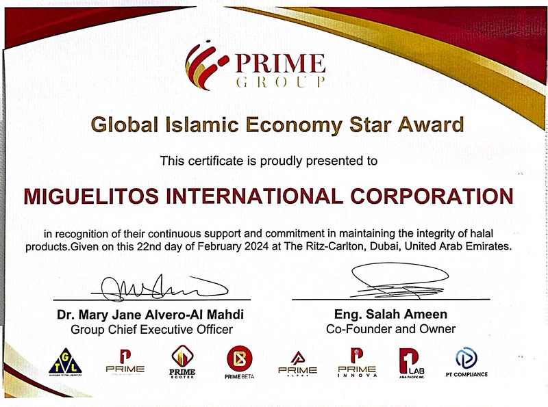 Global Islamic Economy Star Award certificate presented to Miguelitos International Corporation