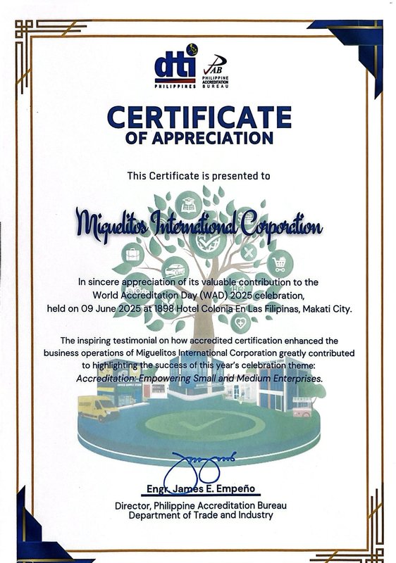 Certificate of Appreciation for World Accreditation Day 2025 Celebration