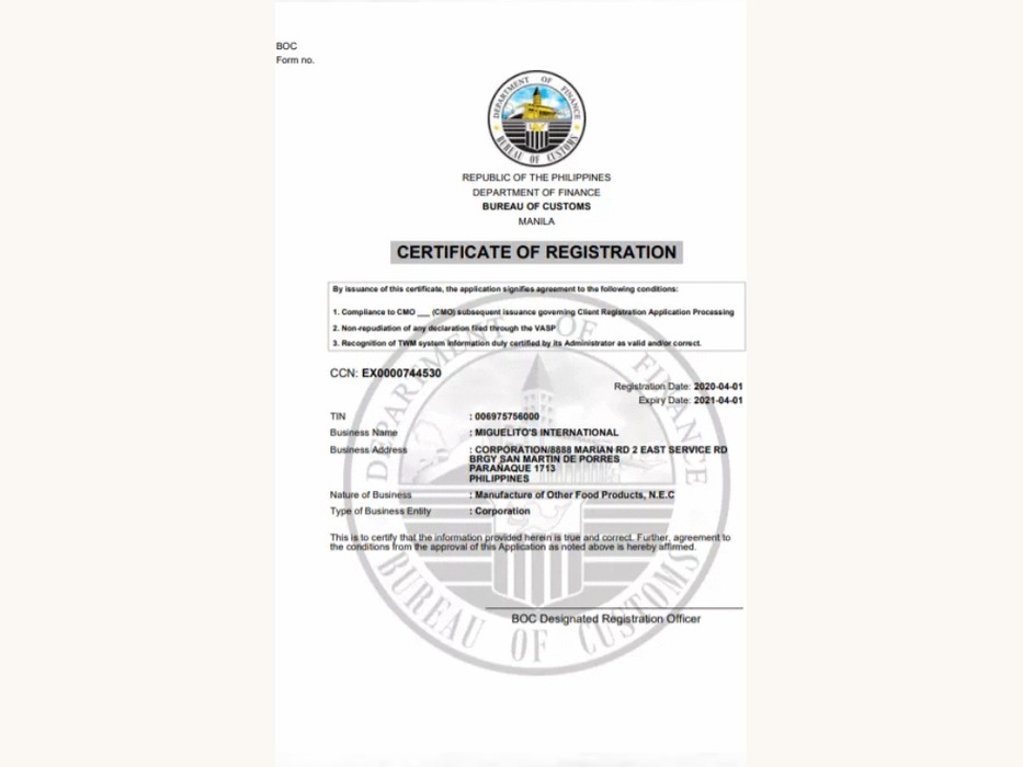 Bureau of Customs Certificate of Registration — Export License